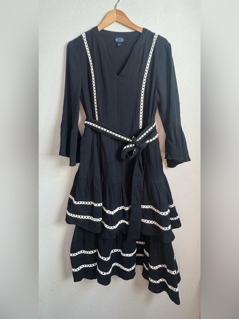 Scoop Black Cotton Embroidered Tiered Midi Prairie Dress with Tie Waist L